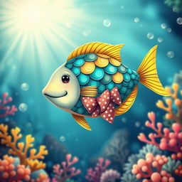 A charming illustration of a fish elegantly adorned in a fashionable cravat, showcasing a vibrant array of scales in hues of turquoise and gold