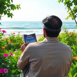 A serene scene depicting the back of a man seated in a beautiful garden, gazing out at a tranquil seaside