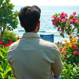 A serene scene depicting the back of a man seated in a beautiful garden, gazing out at a tranquil seaside