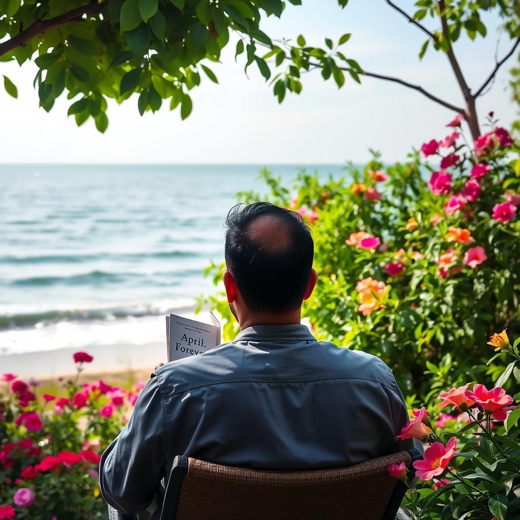 A serene scene depicting the back of a man seated in a beautiful garden, gazing out at a tranquil seaside