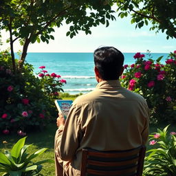 A serene scene depicting the back of a man seated in a beautiful garden, gazing out at a tranquil seaside