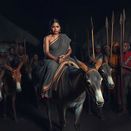 A dusky-skinned Indian lady, 25 years old, very tall with an impressive curvy figure highlighted by her very large breasts, is nervously riding an old donkey in a dimly lit African village