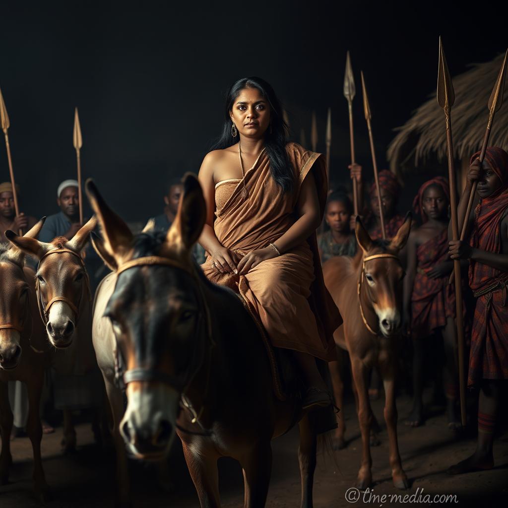 A dusky-skinned Indian lady, 25 years old, very tall with an impressive curvy figure highlighted by her very large breasts, is nervously riding an old donkey in a dimly lit African village