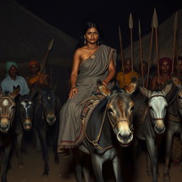 A dusky-skinned Indian lady, 25 years old, very tall with an impressive curvy figure highlighted by her very large breasts, is nervously riding an old donkey in a dimly lit African village