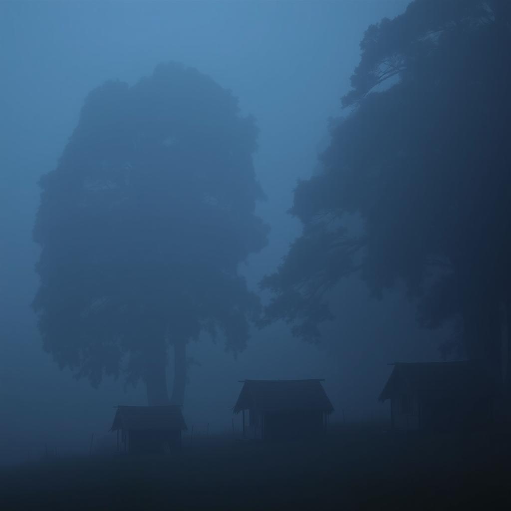 A serene village scene enveloped in darkness and mist, featuring several small huts nestled among towering trees