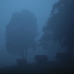 A serene village scene enveloped in darkness and mist, featuring several small huts nestled among towering trees