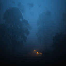 A serene village scene enveloped in darkness and mist, featuring several small huts nestled among towering trees