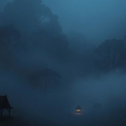 A serene village scene enveloped in darkness and mist, featuring several small huts nestled among towering trees