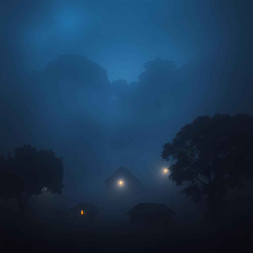 A serene village scene enveloped in darkness and mist, featuring several small huts nestled among towering trees