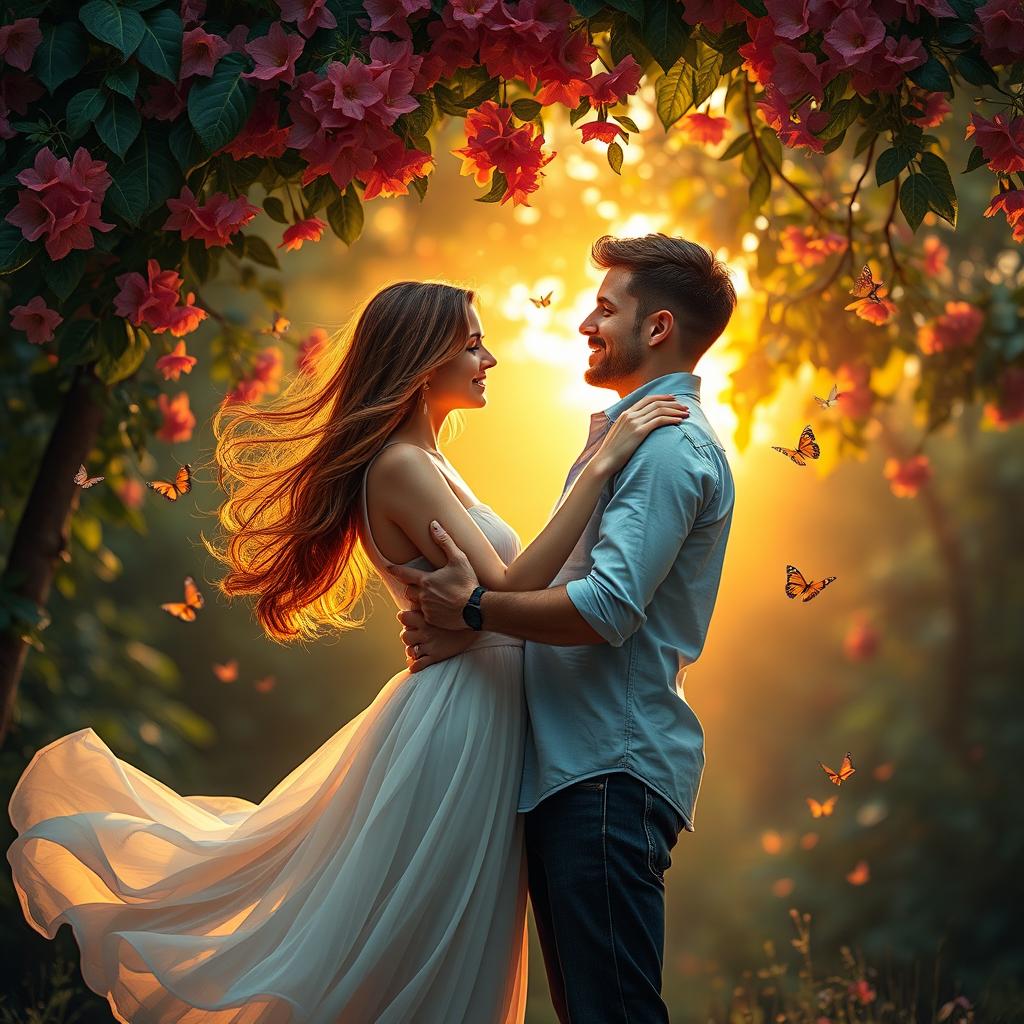 A romantic scene in a lush, enchanted forest at sunset, featuring a couple embracing tenderly under a canopy of vibrant, magical flowers