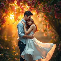 A romantic scene in a lush, enchanted forest at sunset, featuring a couple embracing tenderly under a canopy of vibrant, magical flowers