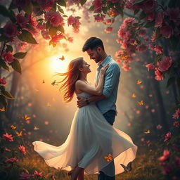 A romantic scene in a lush, enchanted forest at sunset, featuring a couple embracing tenderly under a canopy of vibrant, magical flowers