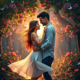 A romantic scene in a lush, enchanted forest at sunset, featuring a couple embracing tenderly under a canopy of vibrant, magical flowers