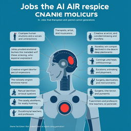 Jobs that AI cannot replace include those that rely on complex human emotions and social interactions, such as therapists and counselors, who provide emotional support and understanding