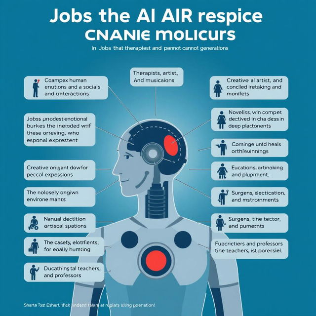 Jobs that AI cannot replace include those that rely on complex human emotions and social interactions, such as therapists and counselors, who provide emotional support and understanding