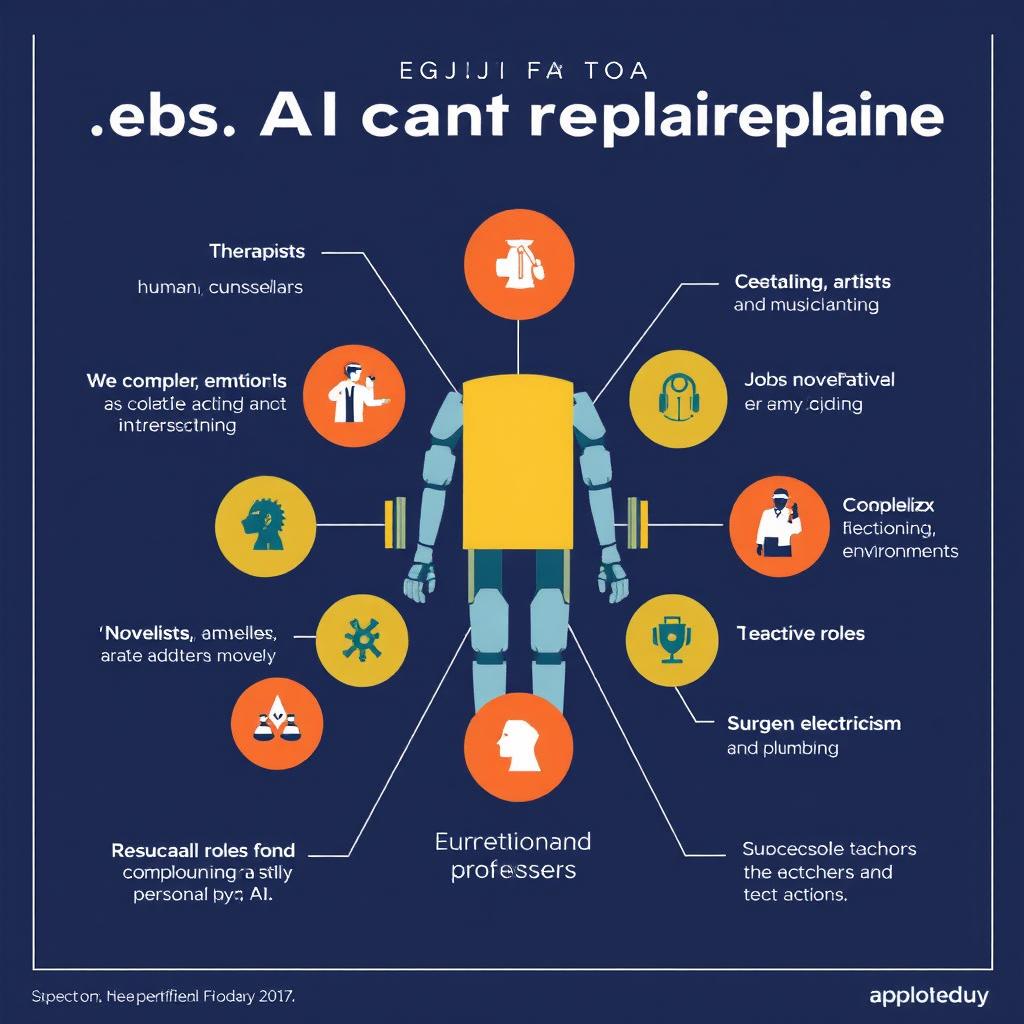 Jobs that AI cannot replace include those that rely on complex human emotions and social interactions, such as therapists and counselors, who provide emotional support and understanding