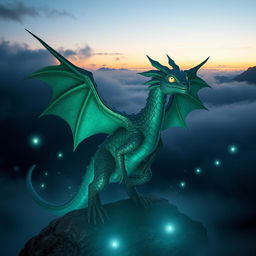 A majestic, mythical monster standing on a rocky outcrop, overlooking a misty valley