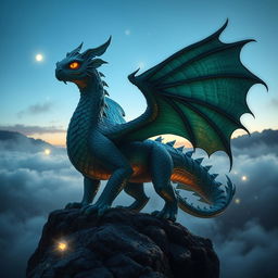 A majestic, mythical monster standing on a rocky outcrop, overlooking a misty valley