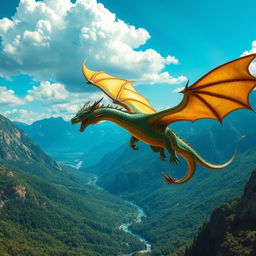 A magnificent dragon soaring high above a majestic mountain range, its scales shimmering in shades of emerald green and gold under the sunlight