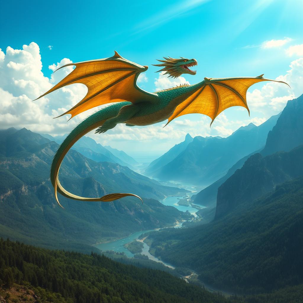 A magnificent dragon soaring high above a majestic mountain range, its scales shimmering in shades of emerald green and gold under the sunlight