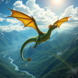 A magnificent dragon soaring high above a majestic mountain range, its scales shimmering in shades of emerald green and gold under the sunlight