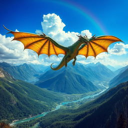 A magnificent dragon soaring high above a majestic mountain range, its scales shimmering in shades of emerald green and gold under the sunlight