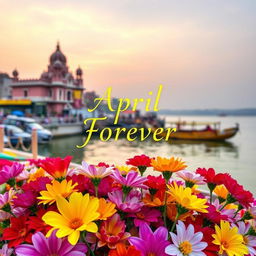 A vibrant and eye-catching book cover for 'April Forever' by Radhika Bhattacharyya Shah, featuring an array of colorful flower blooms in the foreground, elegantly arranged to capture attention