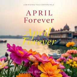 A vibrant and eye-catching book cover for 'April Forever' by Radhika Bhattacharyya Shah, featuring an array of colorful flower blooms in the foreground, elegantly arranged to capture attention