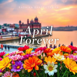 A vibrant and eye-catching book cover for 'April Forever' by Radhika Bhattacharyya Shah, featuring an array of colorful flower blooms in the foreground, elegantly arranged to capture attention