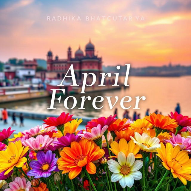 A vibrant and eye-catching book cover for 'April Forever' by Radhika Bhattacharyya Shah, featuring an array of colorful flower blooms in the foreground, elegantly arranged to capture attention