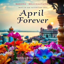 A vibrant and eye-catching book cover for 'April Forever' by Radhika Bhattacharyya Shah, featuring an array of colorful flower blooms in the foreground, elegantly arranged to capture attention