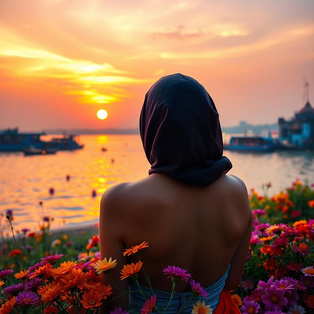 A serene and beautiful scene depicting a woman's back with her head covered, showcasing her bare shoulders