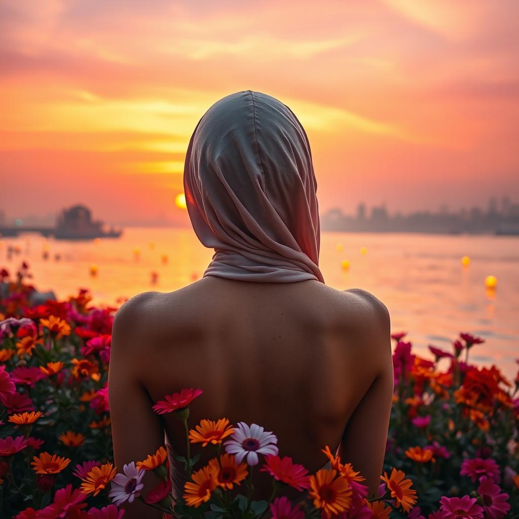 A serene and beautiful scene depicting a woman's back with her head covered, showcasing her bare shoulders