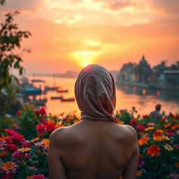 A serene and beautiful scene depicting a woman's back with her head covered, showcasing her bare shoulders