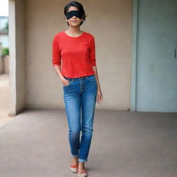 The Indian girl with short hair, now adorning a black eyepatch, dressed in her vibrant red top and jeans.