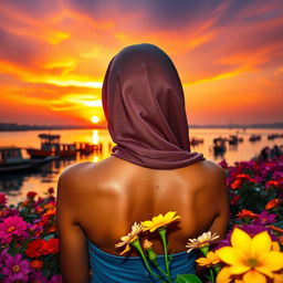 A serene and beautiful scene depicting a woman's back with her head covered, showcasing her bare shoulders