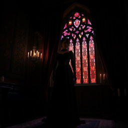 A dramatic gothic scene set in a dimly lit, ancient castle adorned with dark velvet and intricate wrought iron details