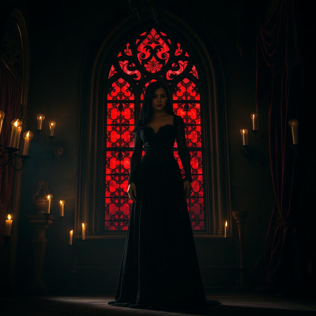 A dramatic gothic scene set in a dimly lit, ancient castle adorned with dark velvet and intricate wrought iron details