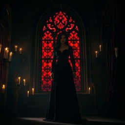 A dramatic gothic scene set in a dimly lit, ancient castle adorned with dark velvet and intricate wrought iron details