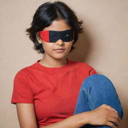 The Indian girl with short hair, now adorning a black eyepatch, dressed in her vibrant red top and jeans.