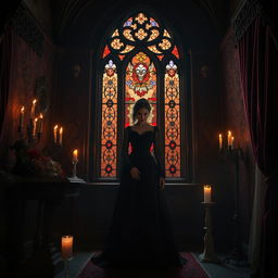 A dramatic gothic scene set in a dimly lit, ancient castle adorned with dark velvet and intricate wrought iron details