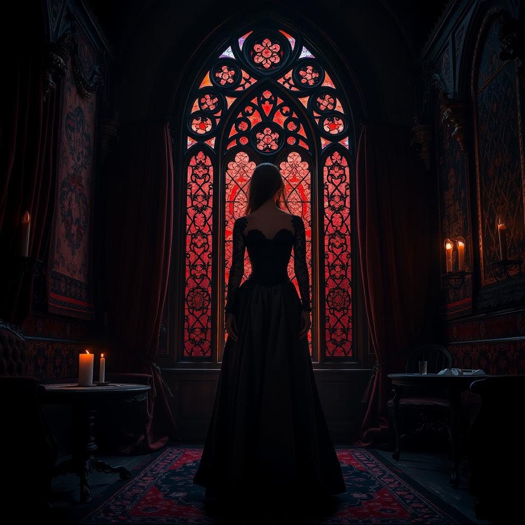 A dramatic gothic scene set in a dimly lit, ancient castle adorned with dark velvet and intricate wrought iron details