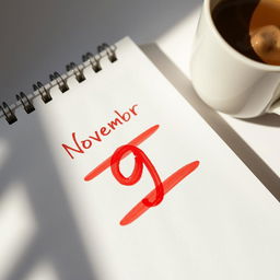 A close-up view of a calendar page showing the month of November with November 9 prominently marked in vibrant red ink