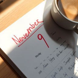 A close-up view of a calendar page showing the month of November with November 9 prominently marked in vibrant red ink