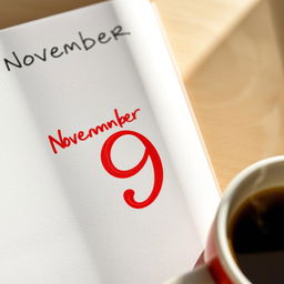 A close-up view of a calendar page showing the month of November with November 9 prominently marked in vibrant red ink