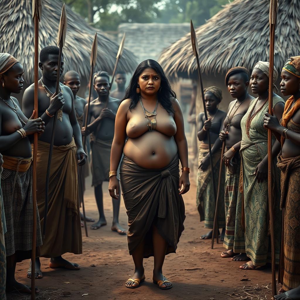 A dusky-skinned Indian lady, 25 years old, very tall with an impressive curvy figure characterized by her very large breasts, appears exceedingly scared and sullen in an African village