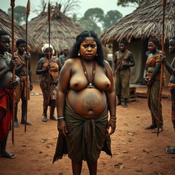 A dusky-skinned Indian lady, 25 years old, very tall with an impressive curvy figure characterized by her very large breasts, appears exceedingly scared and sullen in an African village