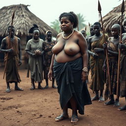 A dusky-skinned Indian lady, 25 years old, very tall with an impressive curvy figure characterized by her very large breasts, appears exceedingly scared and sullen in an African village