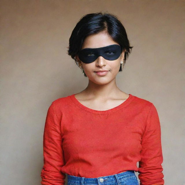 The Indian girl with short hair, now adorning a black eyepatch, dressed in her vibrant red top and jeans.