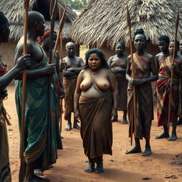 A dusky-skinned Indian lady, 25 years old, very tall with an impressive curvy figure characterized by her very large breasts, appears exceedingly scared and sullen in an African village